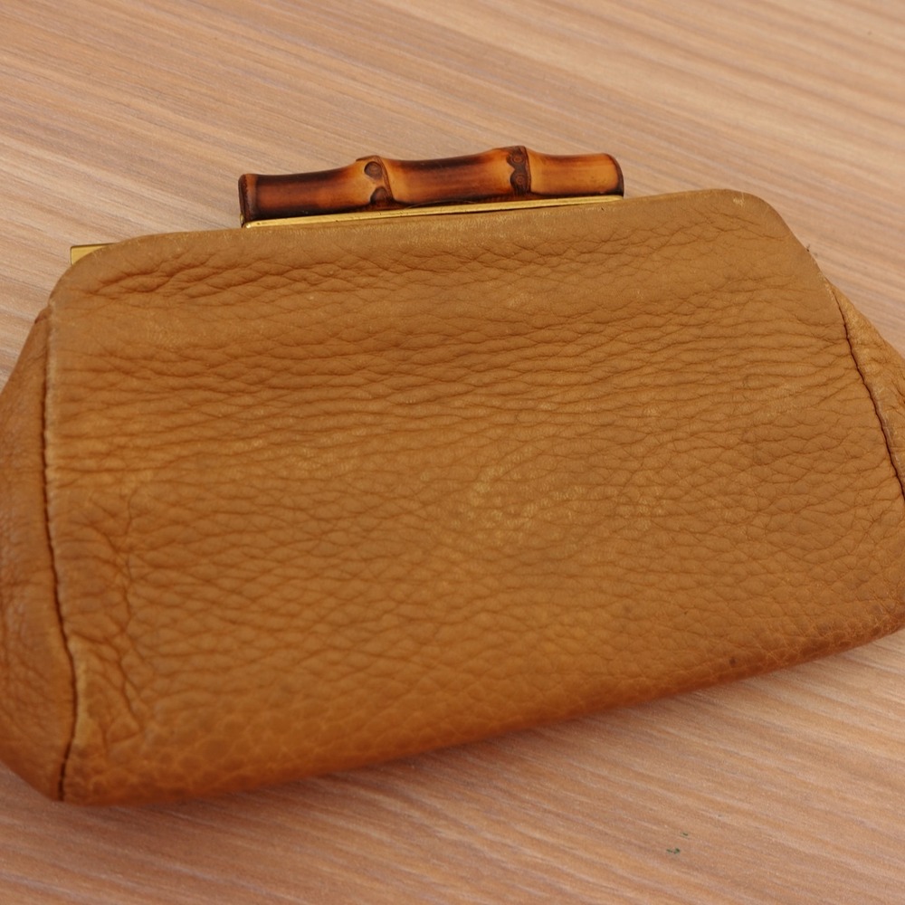 Vintage GUCCI Coin Purse Tan Bamboo Clasp Italian Pebbled Leather Wallet Pouch - Picture 11 of 14